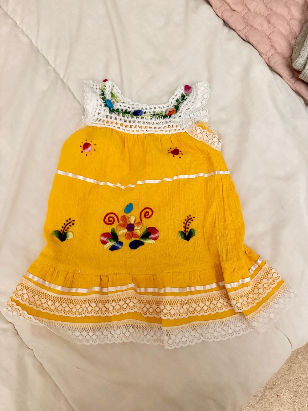 Yellow Embroidered Cotton Baby Dress with Crochet Trim